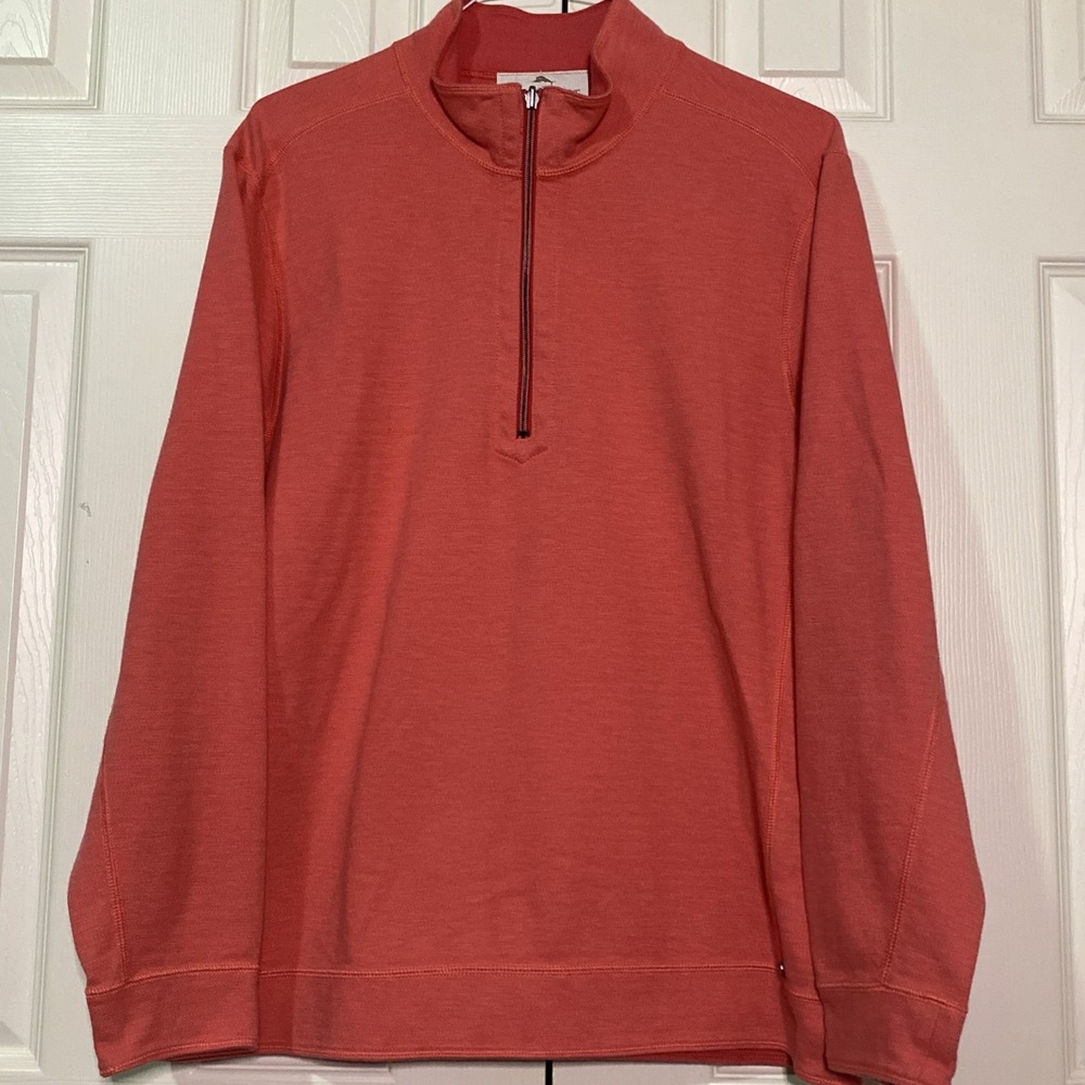 Tommy Bahama Sweater Mens Large 1/4 Zip Pullover Salmon Pink Stripe Reversible